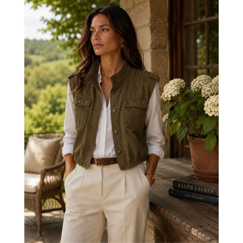 Lauren Ralph Lauren Olive Utility Safari Vest Military Cargo Jacket Size 4
